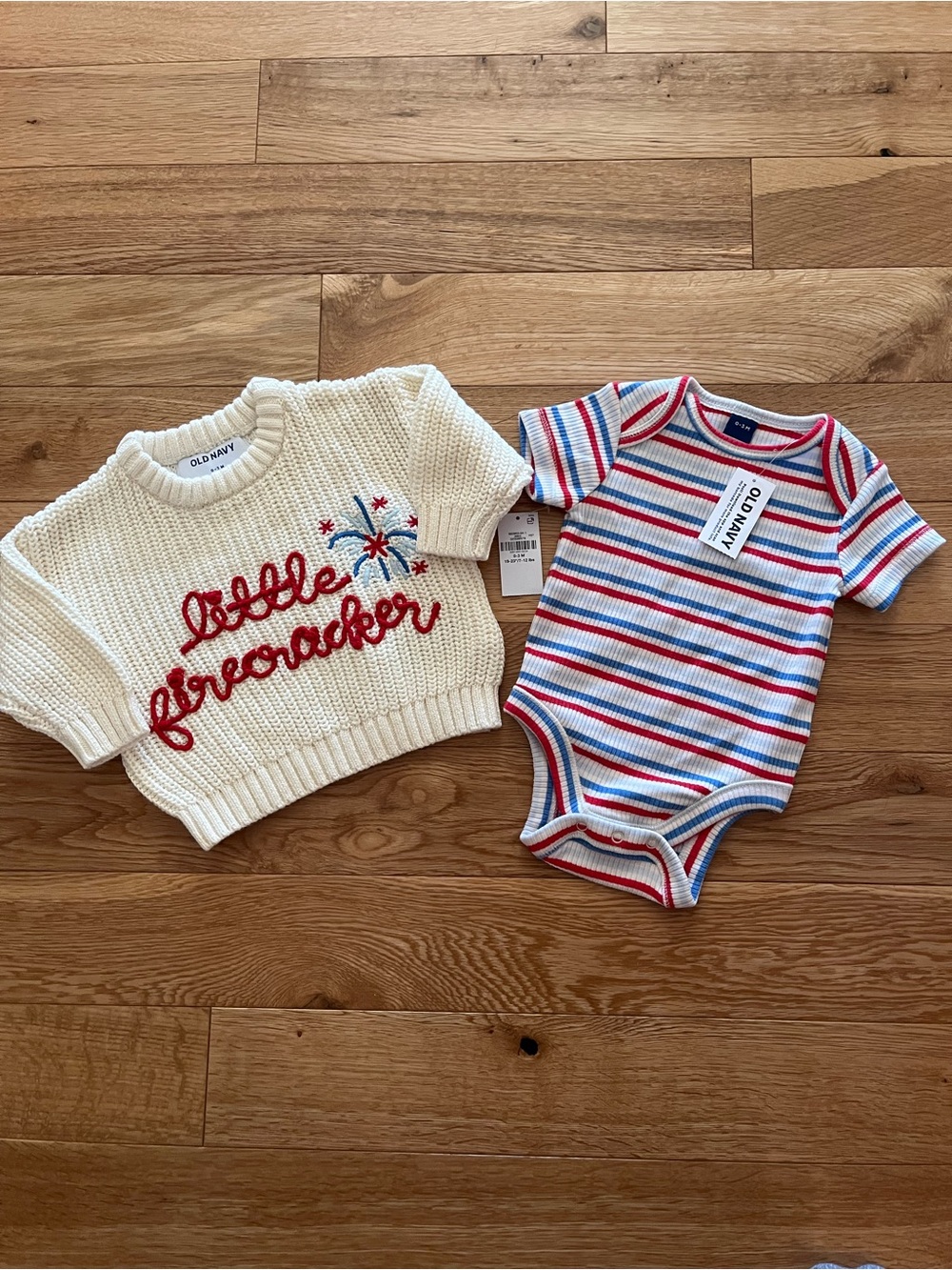Old Navy Baby 2 Piece Knit Firecracker Sweater & Striped Bodysuit Set 0-3M NWT